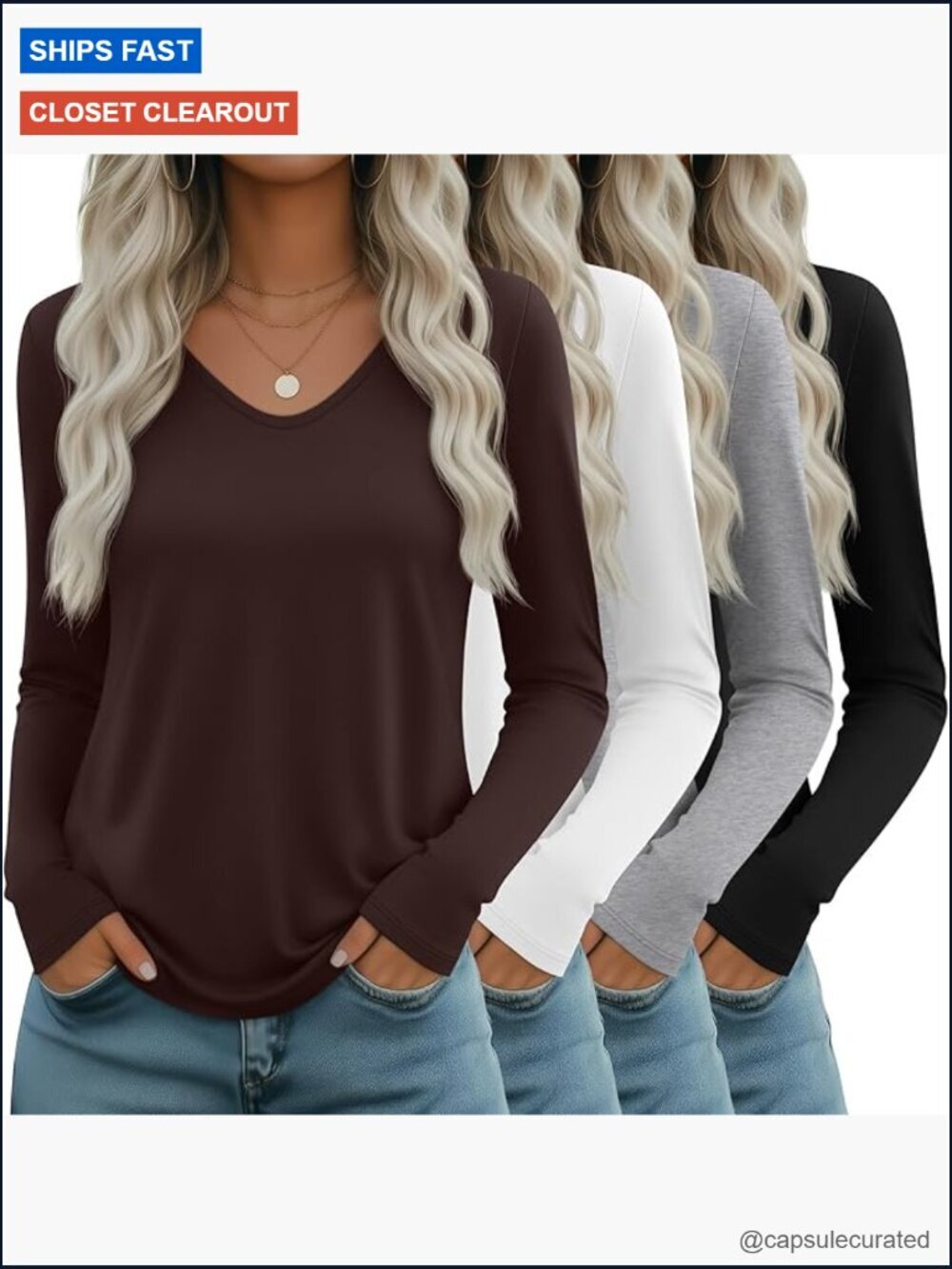 4 Pack Women's Long Sleeve V Neck Tunic Tops Loose Fit Basic Tees
